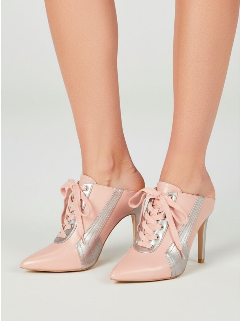 Pink & Silver Pointed Toe Lace-Up Stiletto Heel Mules For Women